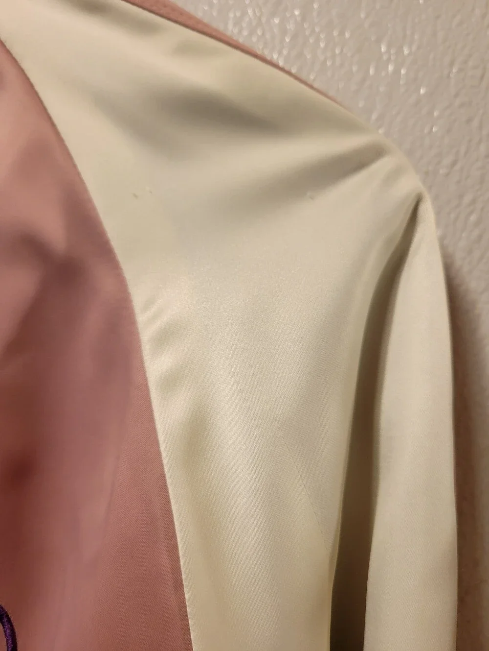 Coach Pink Satin Varsity Jacket with Cream Sleeves and Rainbow Trim